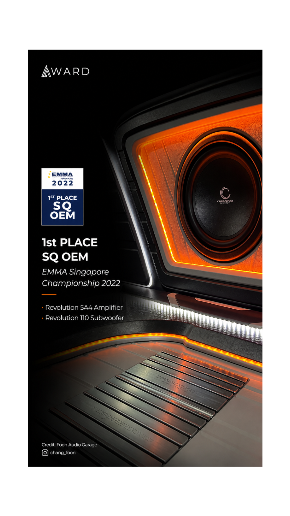 Award graphic for 2022 Emma Singapore Championship 1st Place SQ OEM, featuring a close-up of a high-end car audio system with a black speaker, orange LED lighting, and a dark interior panel.