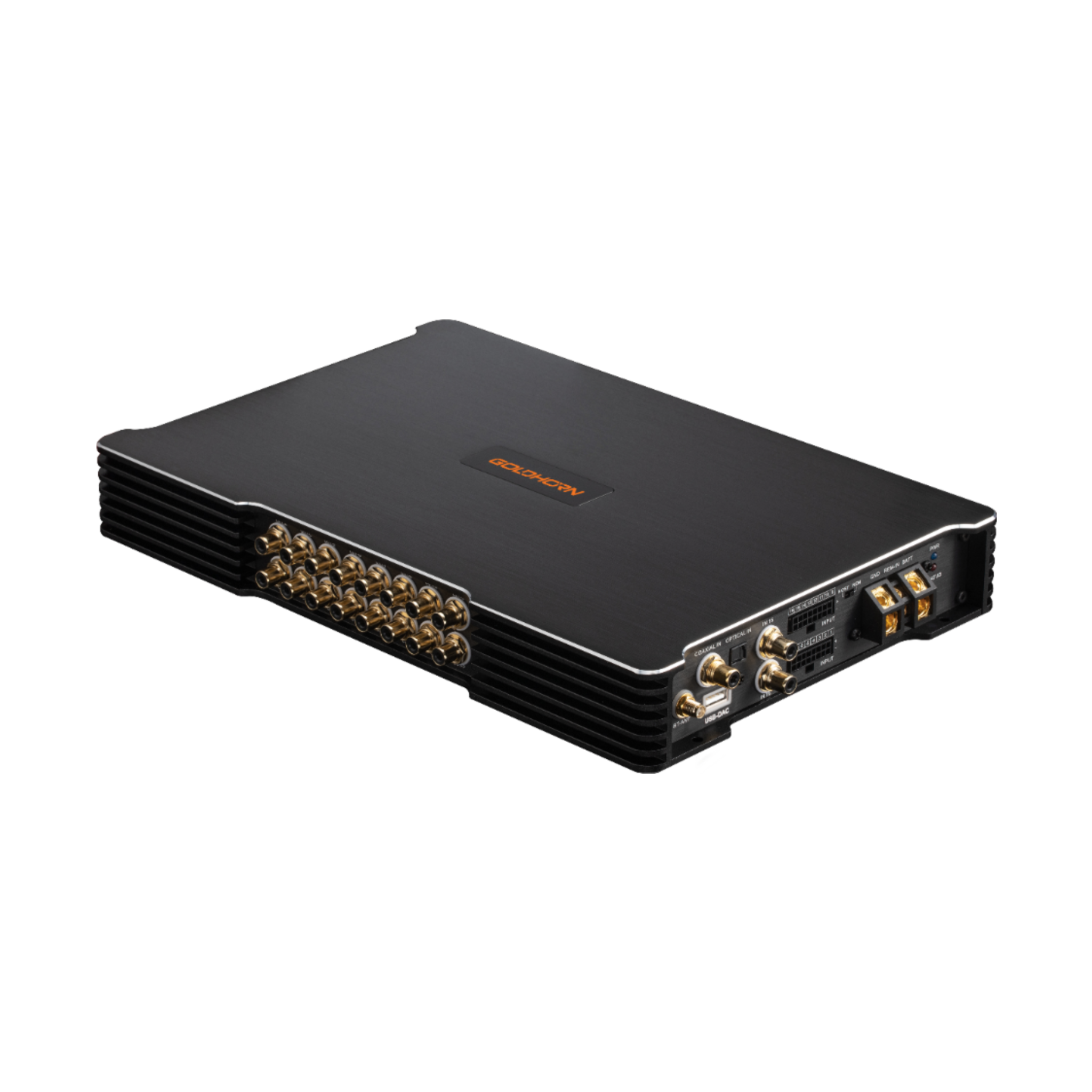 Goldhorn 1216 Plus 24 channel DSP amplifier angled view