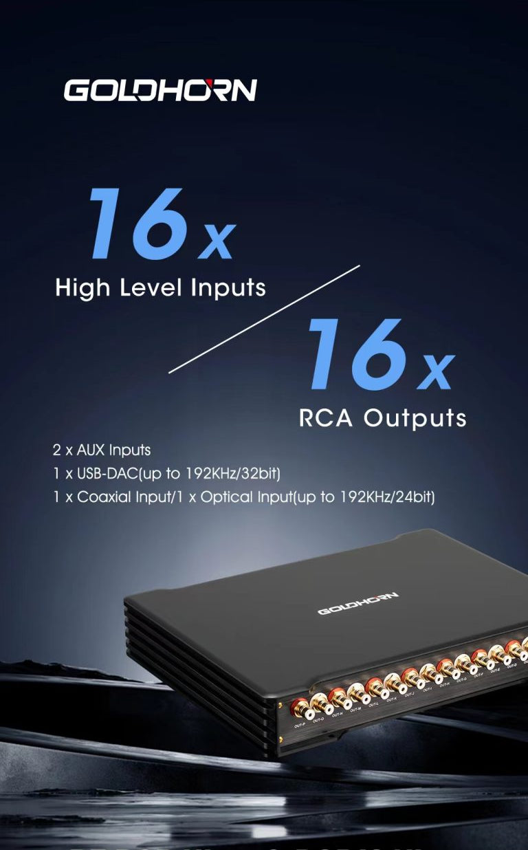 Goldhorn audio processing unit with specifications on a dark background