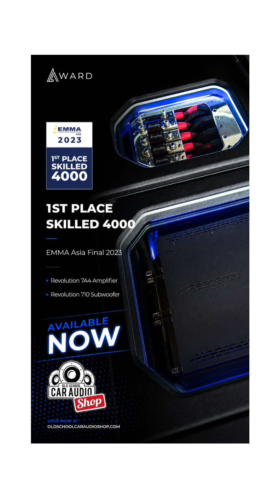 Promotional graphic for a car audio system featuring a large black amplifier enclosure with blue LED lighting and a smaller top view showing internal wiring and components. Text includes '1st Place Skilled 4000', 'Emma 2023', 'Available Now', and 'Old School Car Audio Shop'.