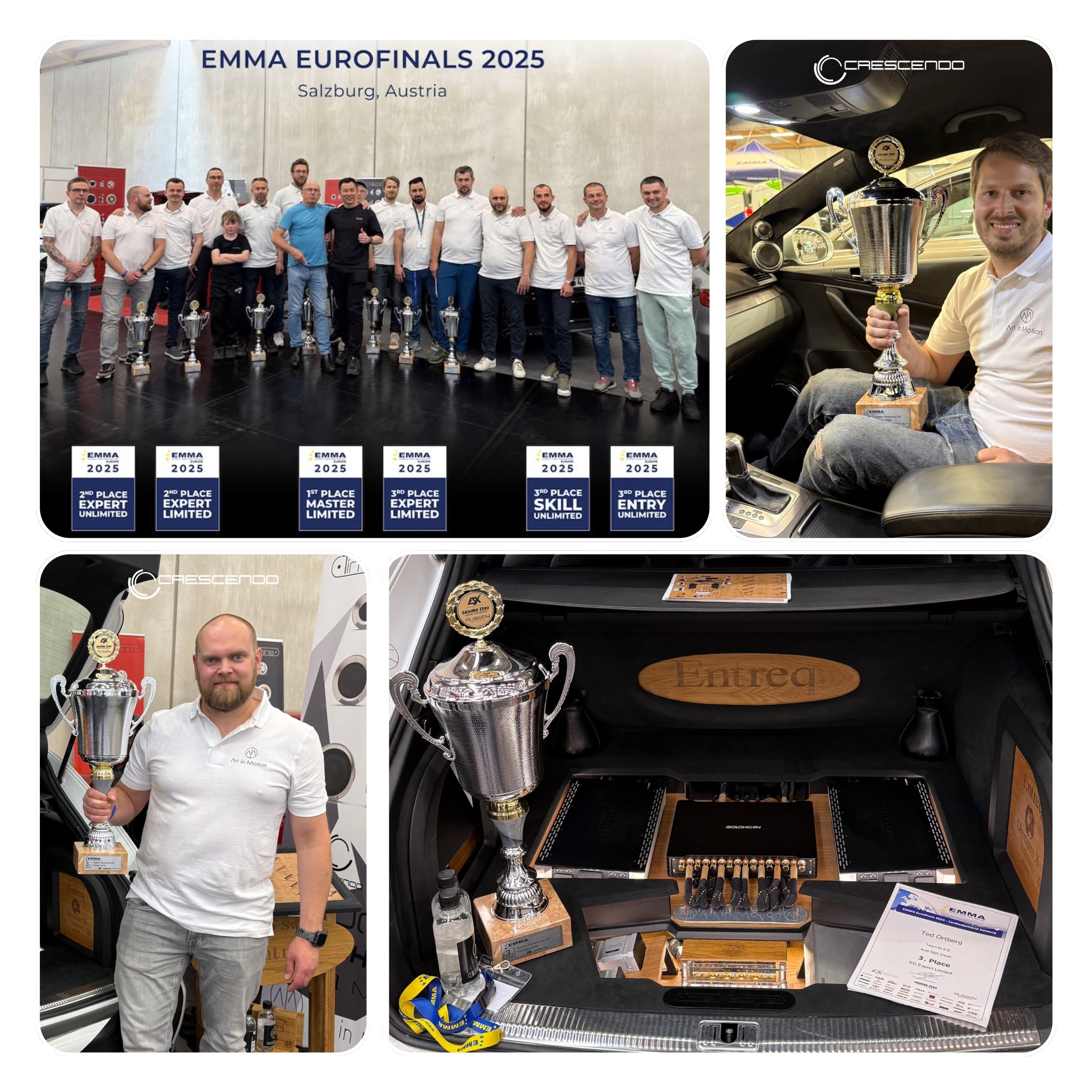 Collage of images featuring people with trophies, a car interior, and a branded car.