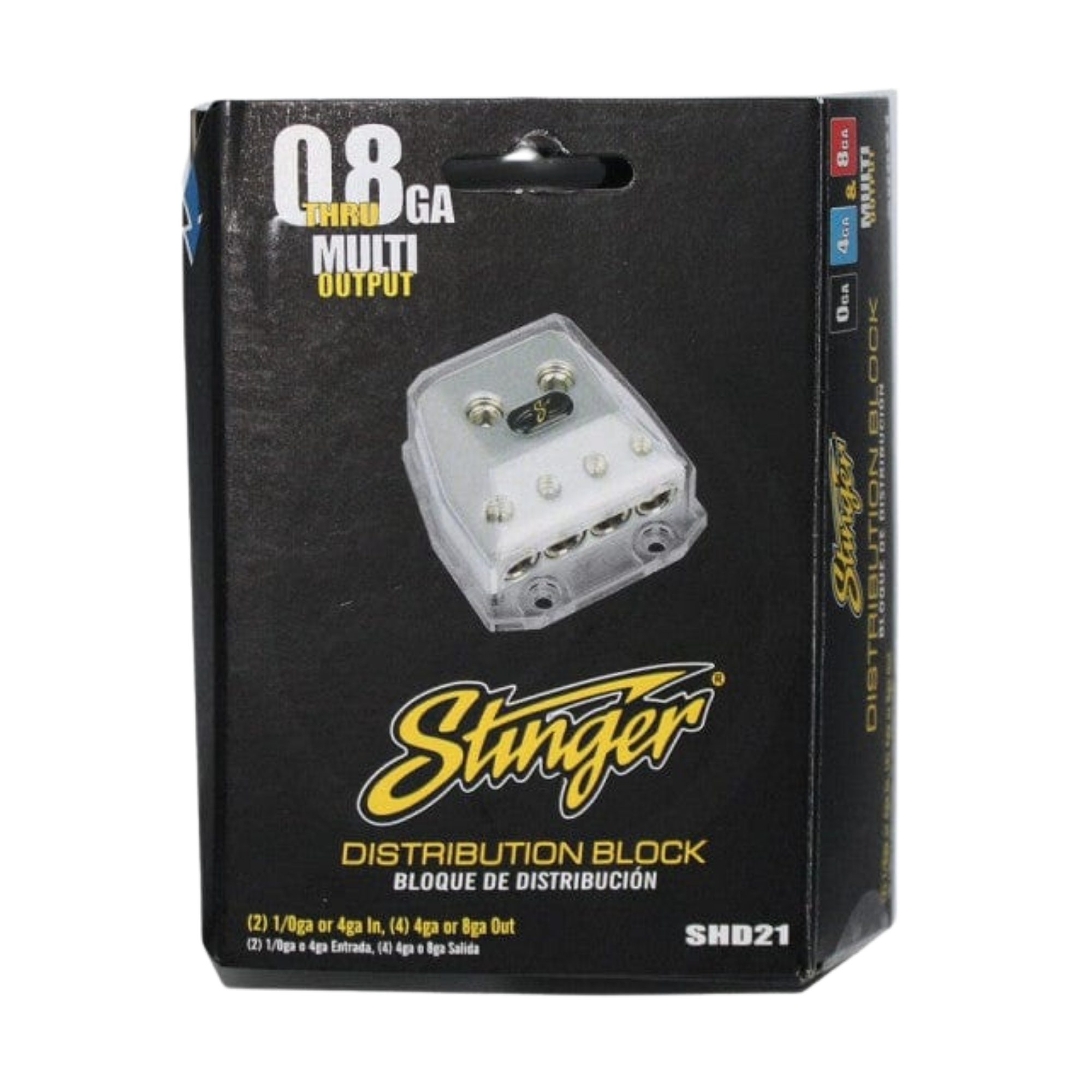 Stinger SHD21 satin chrome distribution block for 4GA and 8GA outputs in box