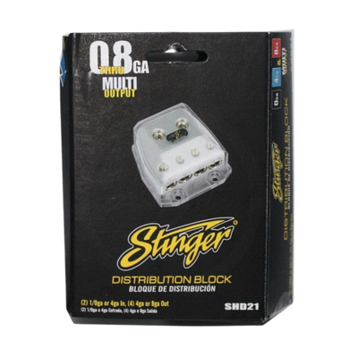 Stinger SHD21 satin chrome distribution block for 4GA and 8GA outputs in box